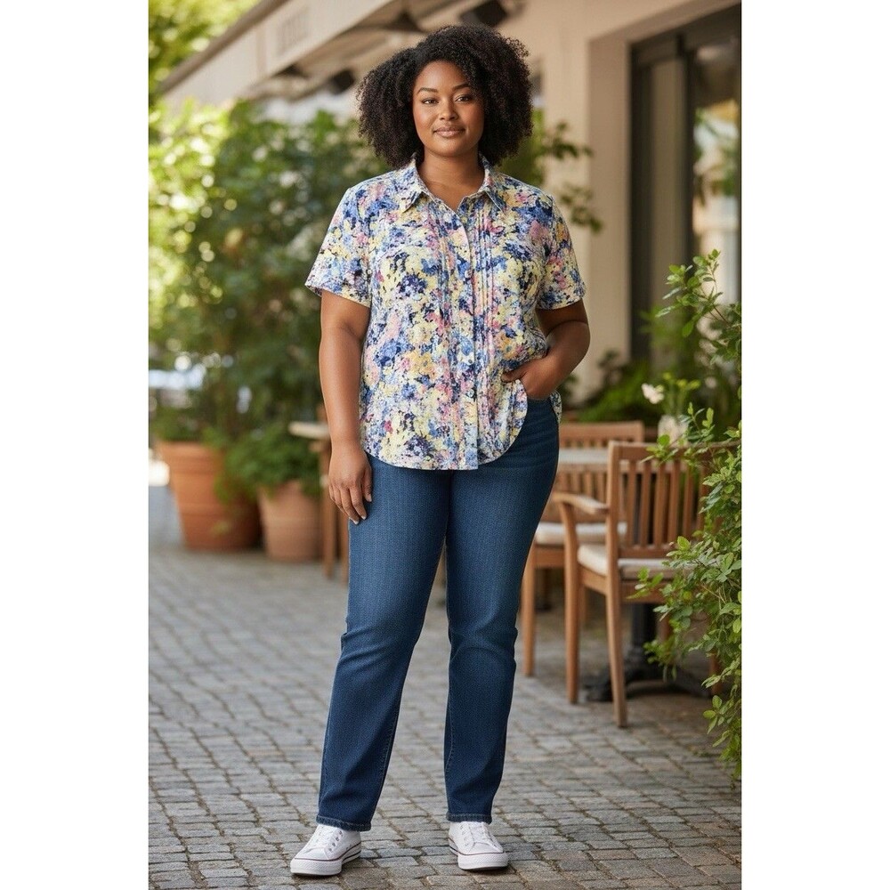 Intro Women’s Colorful Blouse Size XL Floral Boho Button Front Impressionistic